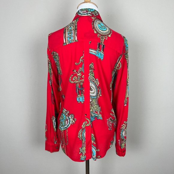 Maeve Anthropologie Shirt Women 4 Red Clock Long Sleeve Whimsy‎ Button Down Top - Picture 6 of 12